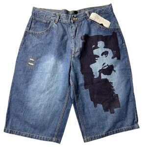 VTG Makaveli Hand Painted Tupac Shakur Denim Shorts Mens Size 40 Blue‎ NWT